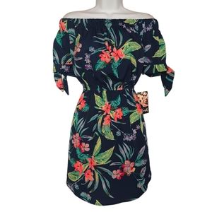 BLUSH Tropical Colorful Floral Print Navy Blue Off Shoulder Mini Dress Large NWT